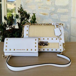 Michael Kors Cece MD Studded Flap Pocket Leather Shoulder & Wallet OPTIC White